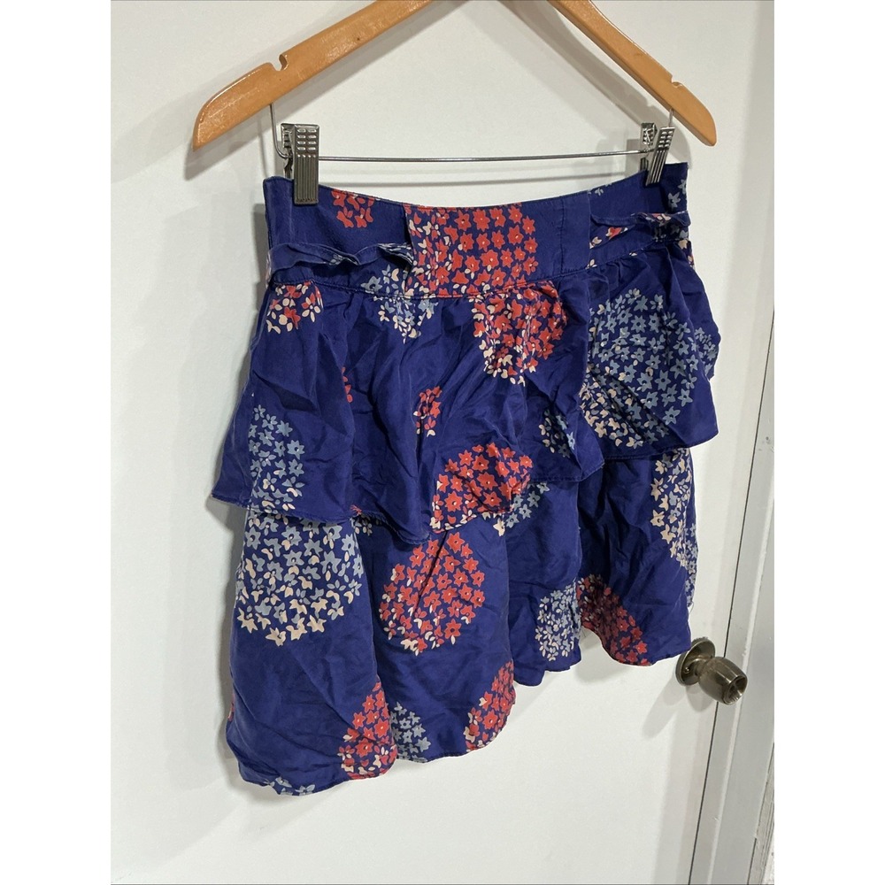 Anthropologie Odille Silk Tiered Ruffle, Skirt Blue Red Floral,Sz 4, Lined - Picture 3 of 11